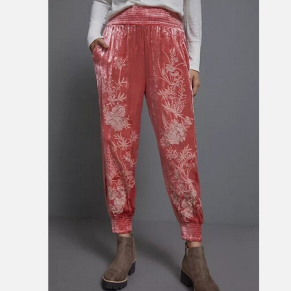 NWT Anthropologie L Rosie Embroidered Velvet Joggers Pants New Large Pink 188$
